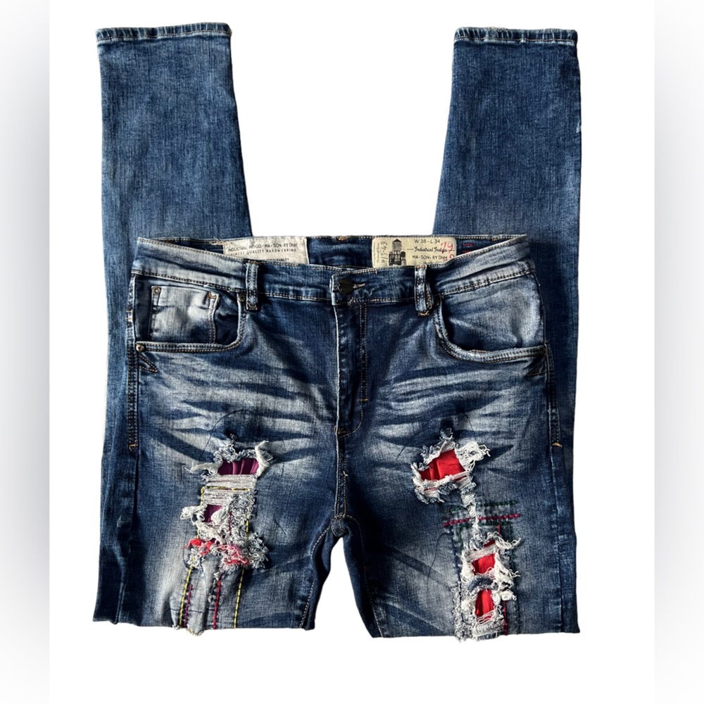 MENS 100% AUTHENTIC INDUSTRIAL INDIGO RIPPED JEAN W38/L34
